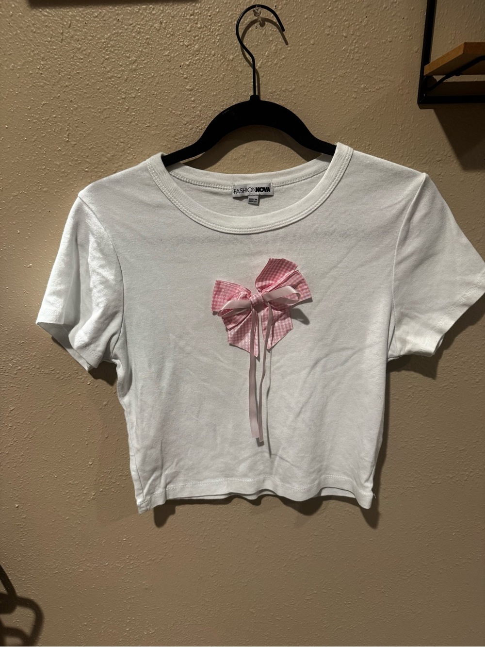 Fashion Nova White Crop Tee with Pink Gingham Bow
